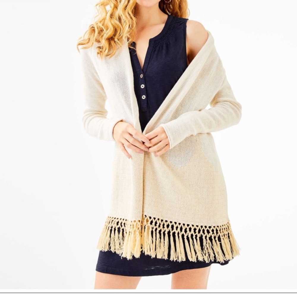 Lilly Pulitzer Cream and Gold Knit Open Front Tatum Cardigan with Fringe - Picture 6 of 6